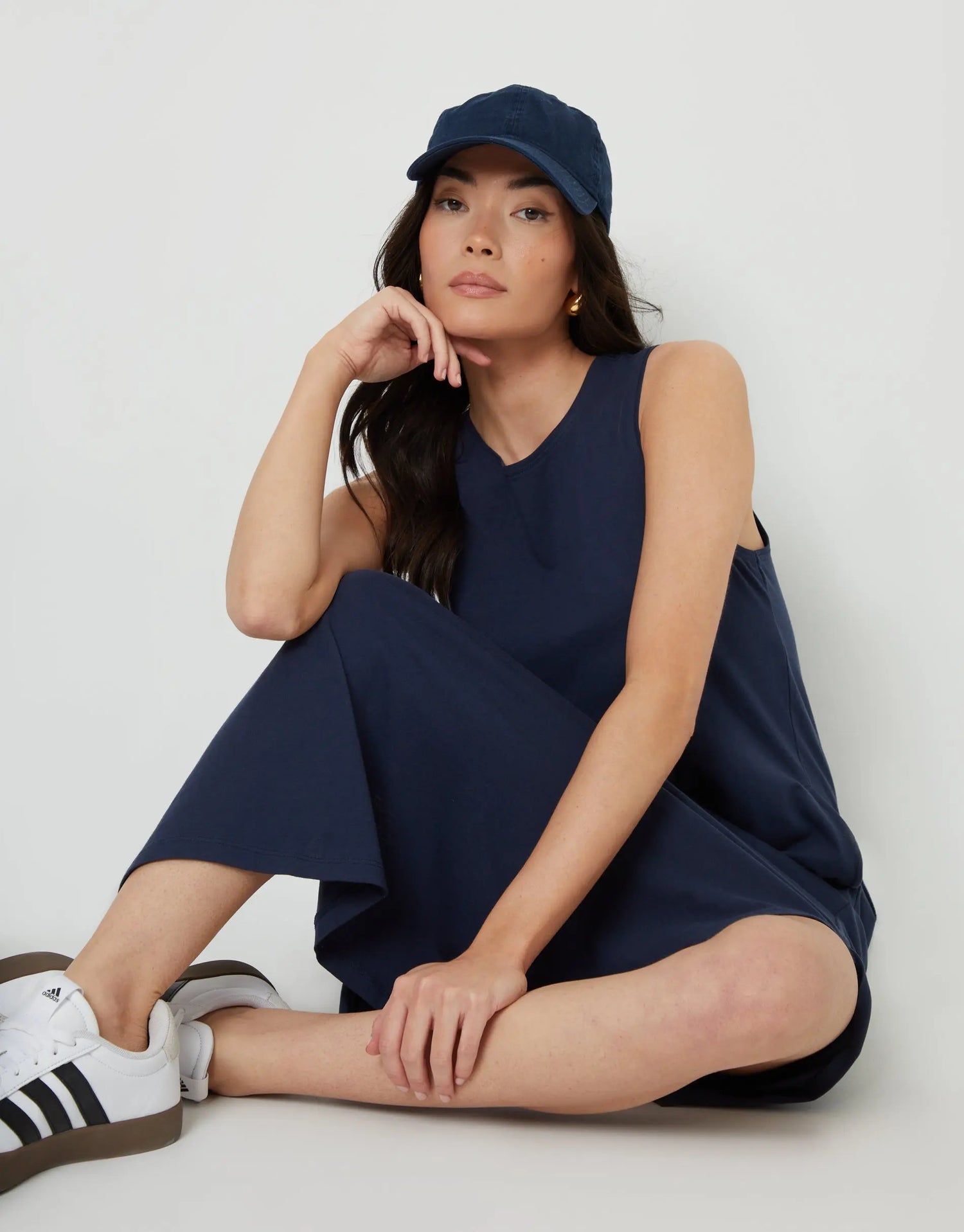 Women's Navy Sleeveless Jersey Midi Dress with Pockets Siouxe