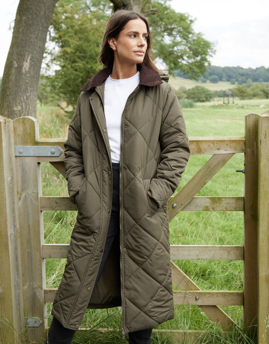 Women's Khaki Diamond Quilted Heritage Longline Barn Jacket with Removable Hood Siouxe
