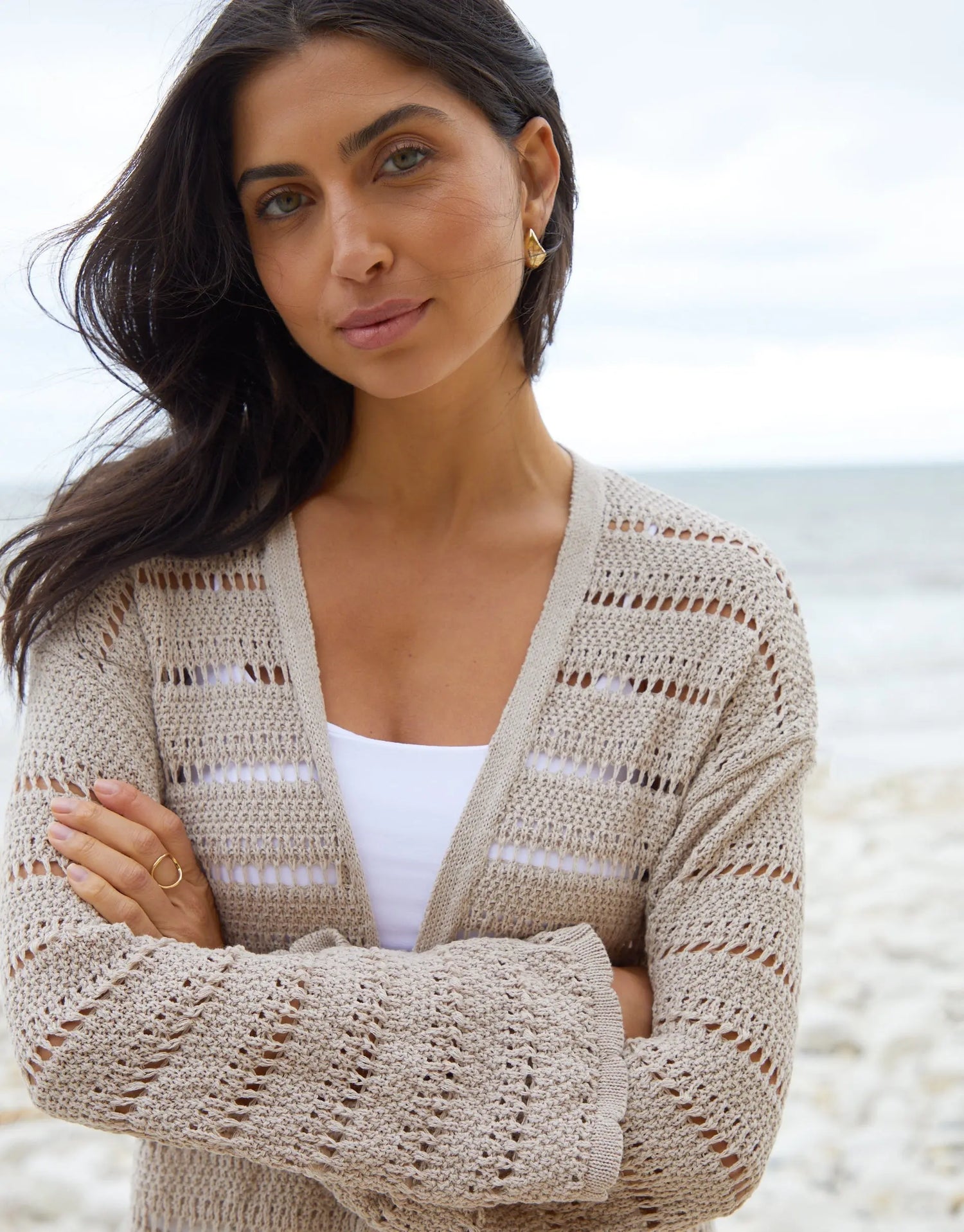 Women's Stone Longline Crochet Cardigan Siouxe