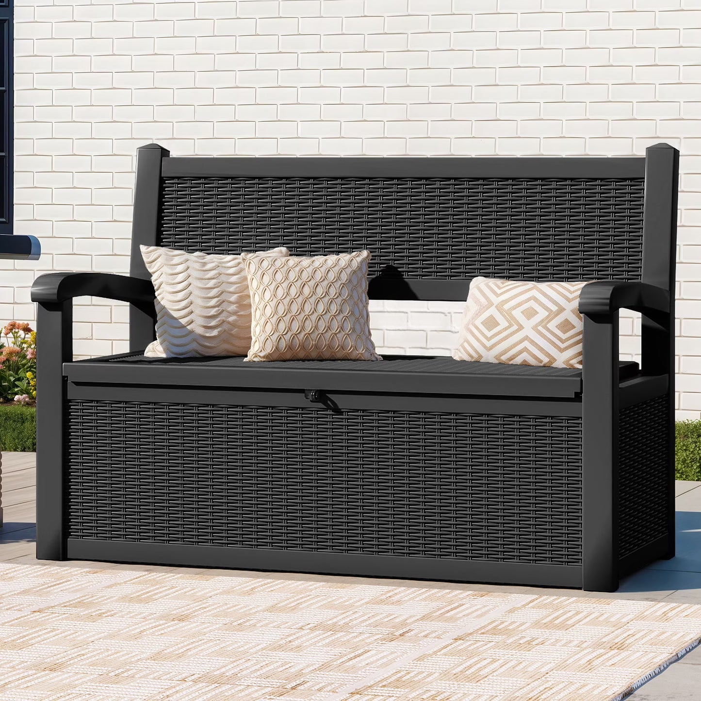 ModFusion 70-Gallon Outdoor Resin Storage Cabinet with Rattan Backrest C Waterproof Patio Bench Seat, 500 lbs Capacity, Black