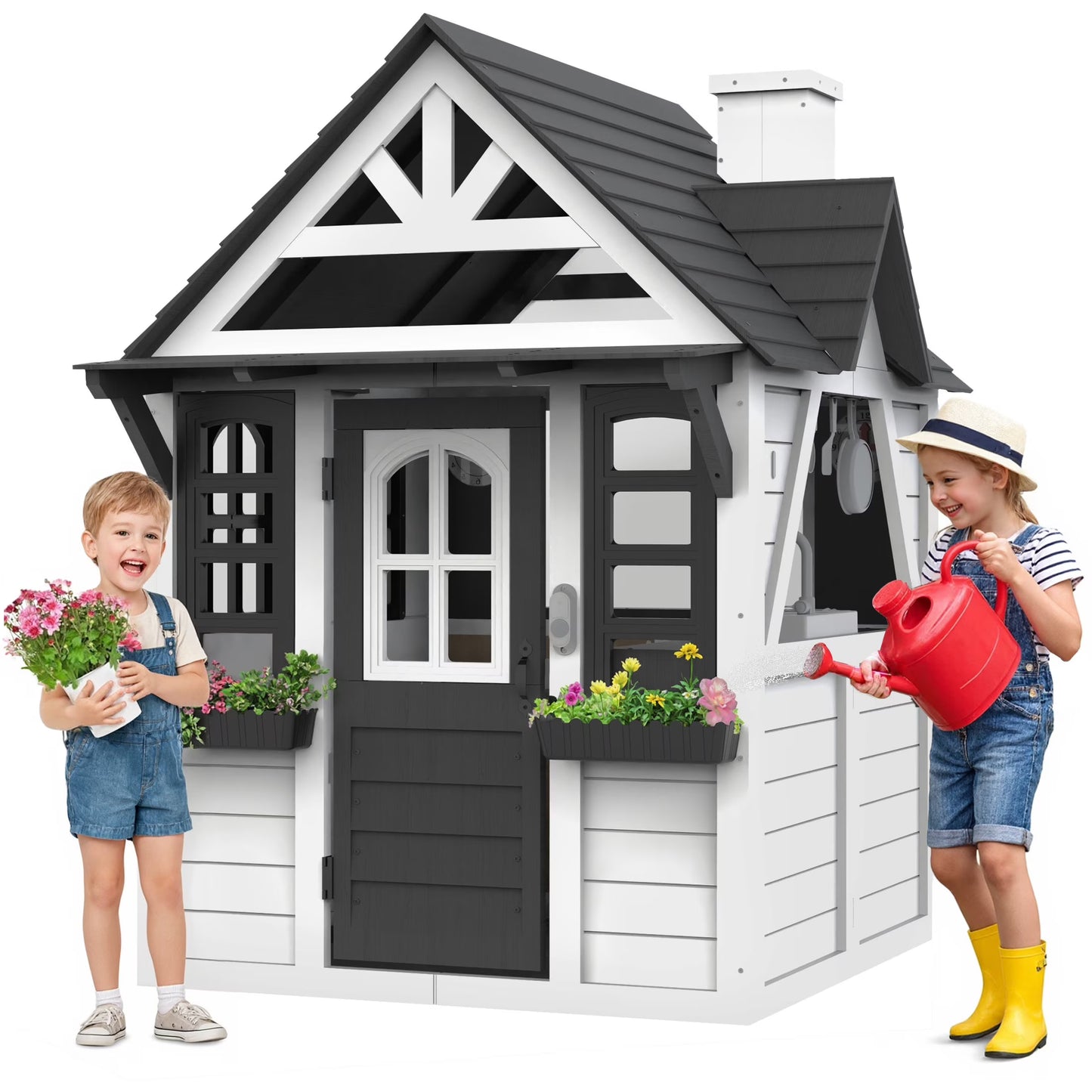 COCLUB Outdoor Playhouse for Kids Ages 4-8, Wooden Play House with Doorbell, Phone, Kitchen Toys, Outdoor Kids Play Equipment, Casa Para Nias (45L x 65H), White & Black