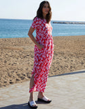 Women's Red Leaf Print Jersey Maxi Dress with Pockets Siouxe