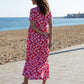 Women's Red Leaf Print Jersey Maxi Dress with Pockets Siouxe