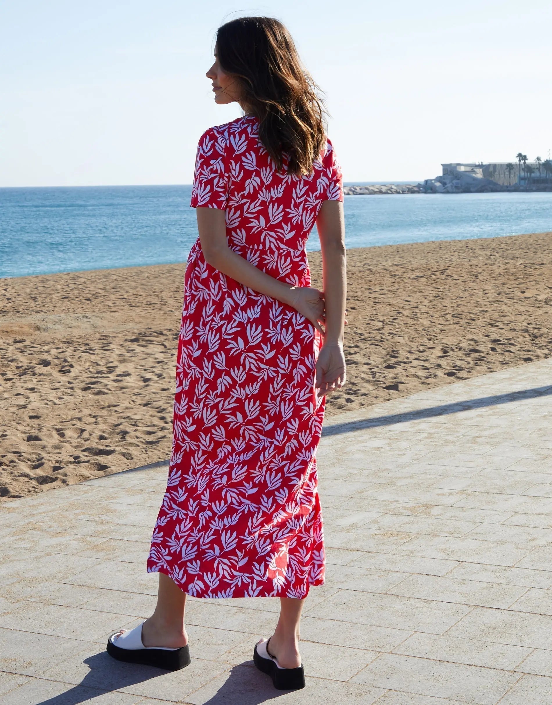 Women's Red Leaf Print Jersey Maxi Dress with Pockets Siouxe