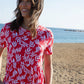 Women's Red Leaf Print Jersey Maxi Dress with Pockets Siouxe
