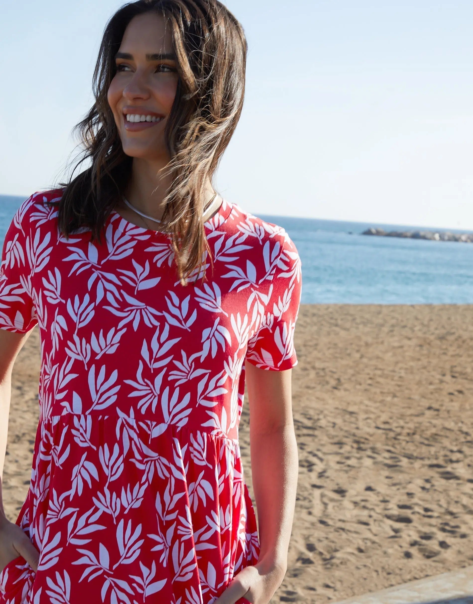 Women's Red Leaf Print Jersey Maxi Dress with Pockets Siouxe