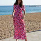 Women's Red Leaf Print Jersey Maxi Dress with Pockets Siouxe