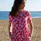 Women's Red Leaf Print Jersey Maxi Dress with Pockets Siouxe