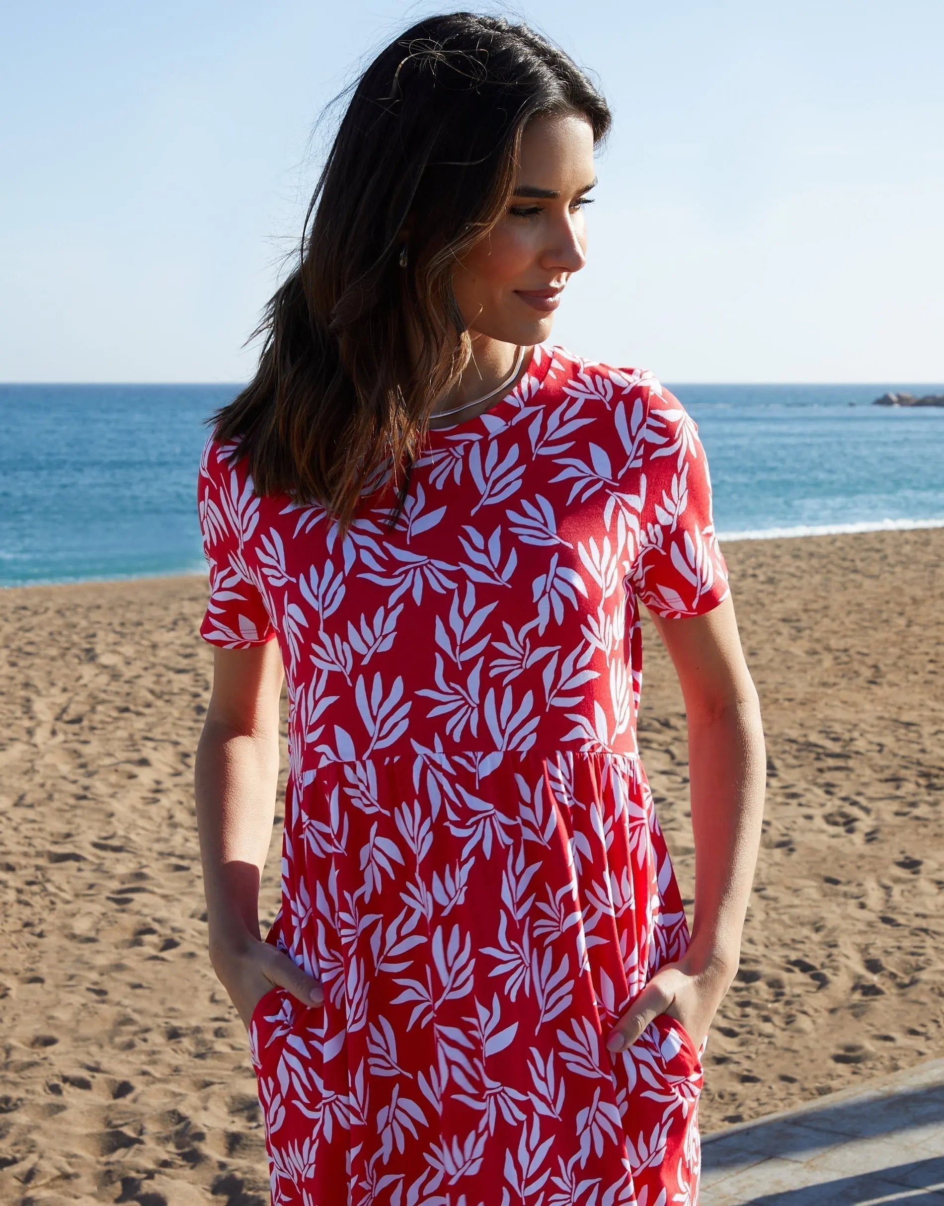 Women's Red Leaf Print Jersey Maxi Dress with Pockets Siouxe