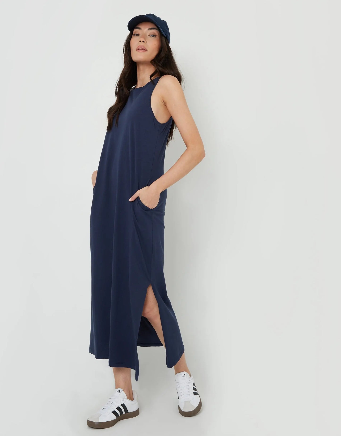 Women's Navy Sleeveless Jersey Midi Dress with Pockets Siouxe