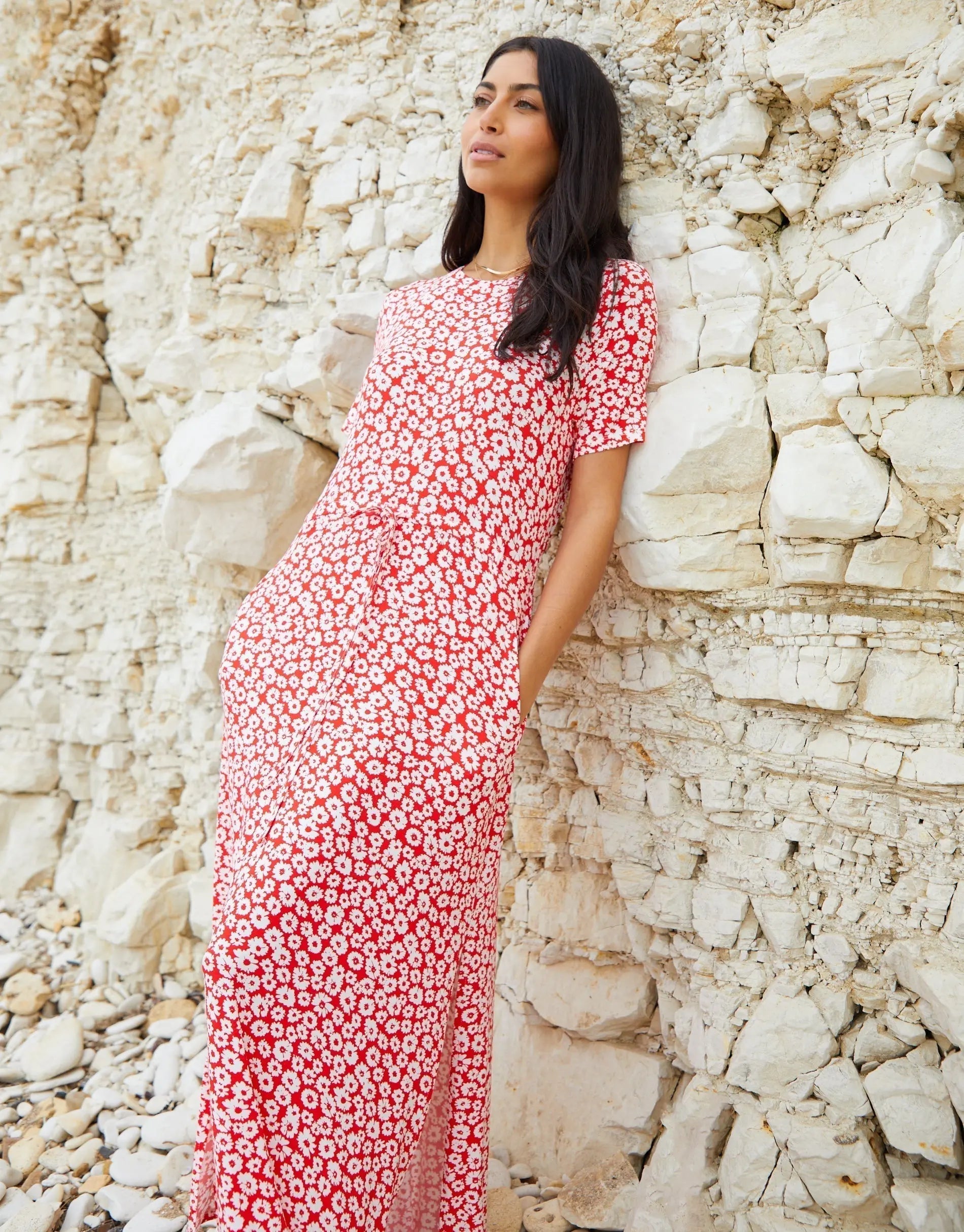 Women's Red Floral Ruched Waist Jersey Midi Dress with Pockets Siouxe