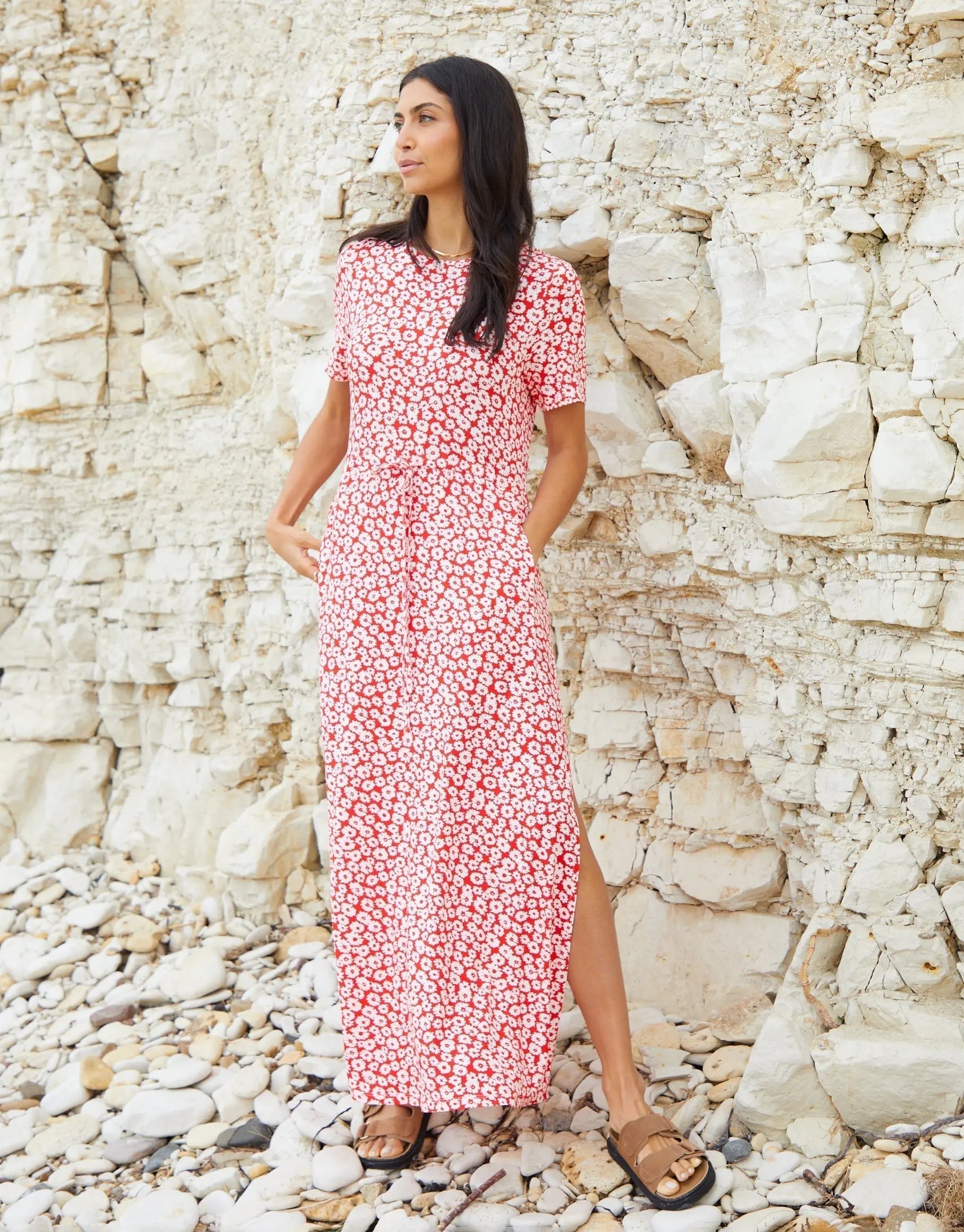 Women's Red Floral Ruched Waist Jersey Midi Dress with Pockets Siouxe