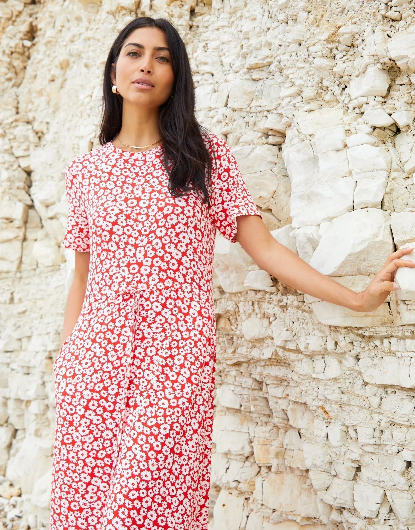 Women's Red Floral Ruched Waist Jersey Midi Dress with Pockets Siouxe