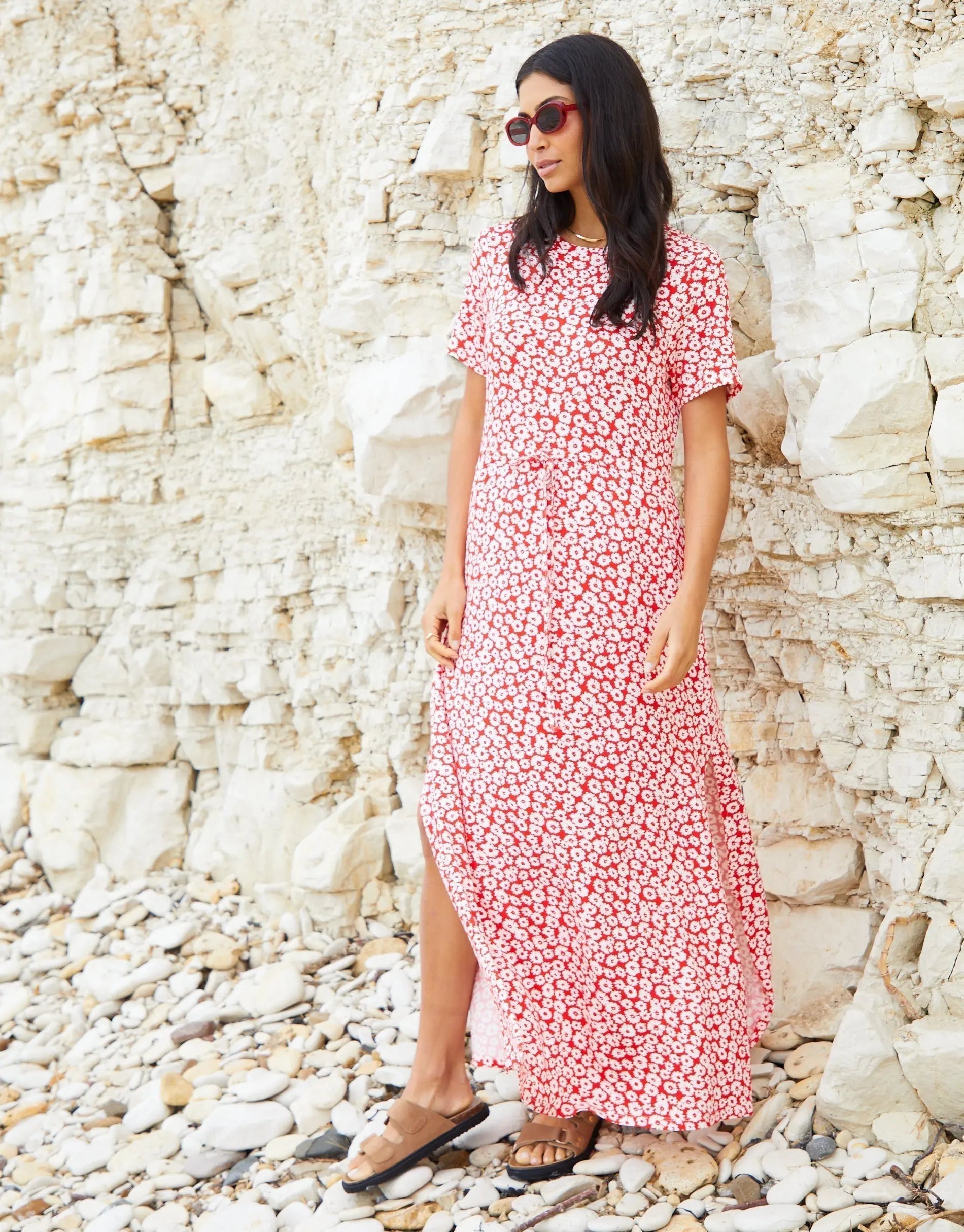 Women's Red Floral Ruched Waist Jersey Midi Dress with Pockets Siouxe