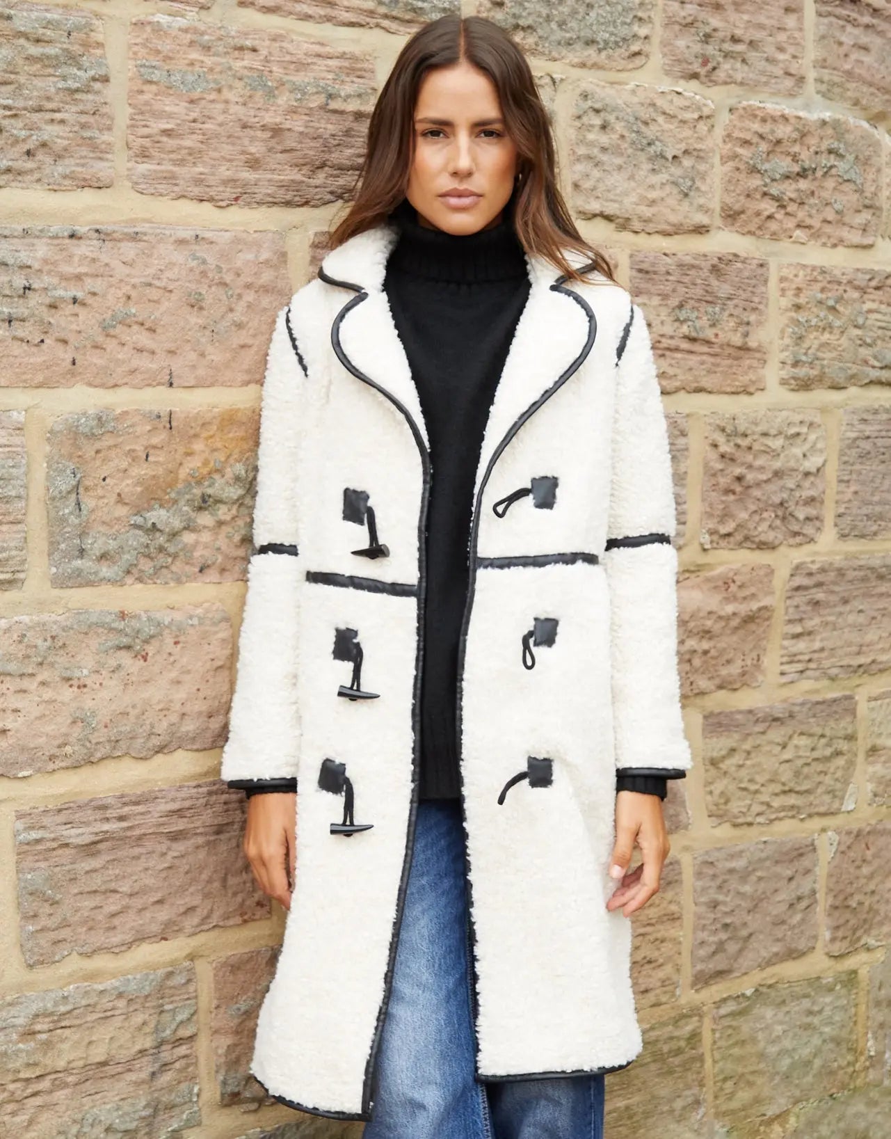 Women's Ecru Longline Fleece Borg Toggle Coat Siouxe