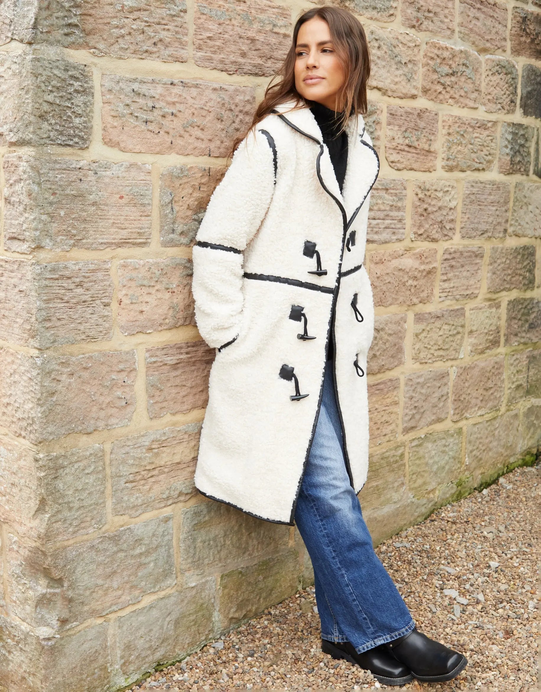 Women's Ecru Longline Fleece Borg Toggle Coat Siouxe