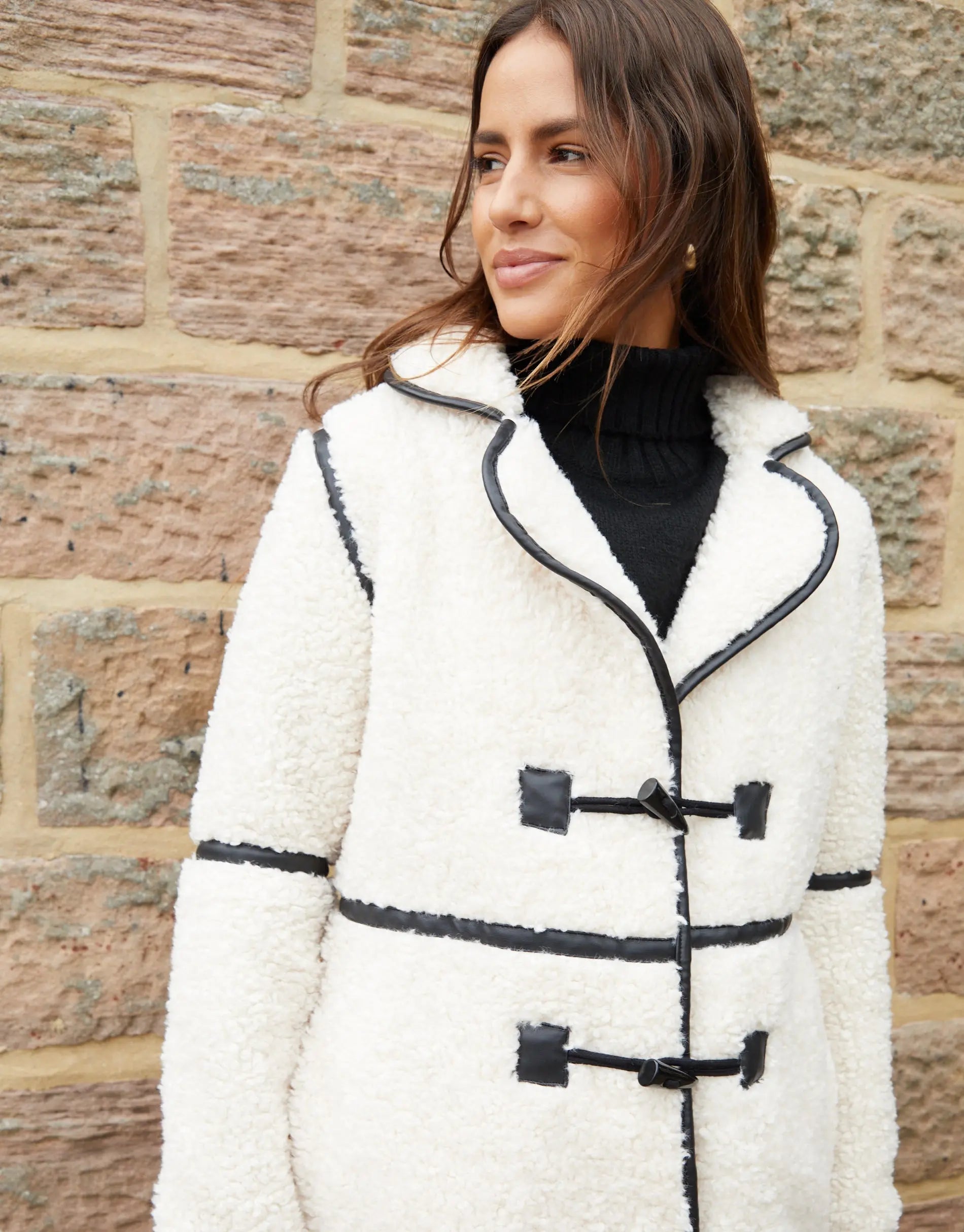 Women's Ecru Longline Fleece Borg Toggle Coat Siouxe