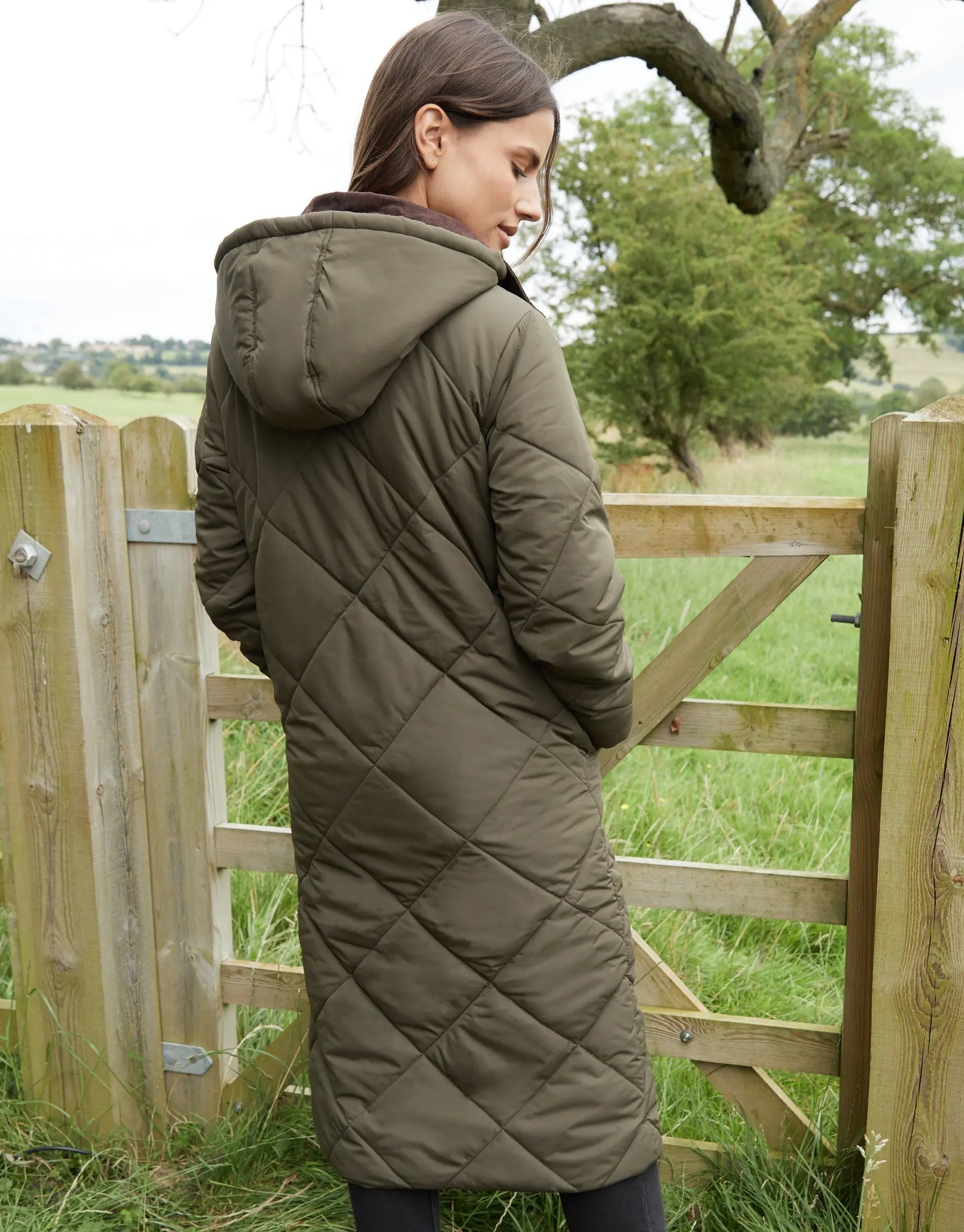 Women's Khaki Diamond Quilted Heritage Longline Barn Jacket with Removable Hood Siouxe