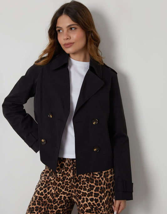 Women's Black Double Breasted Cropped Trench Coat Siouxe
