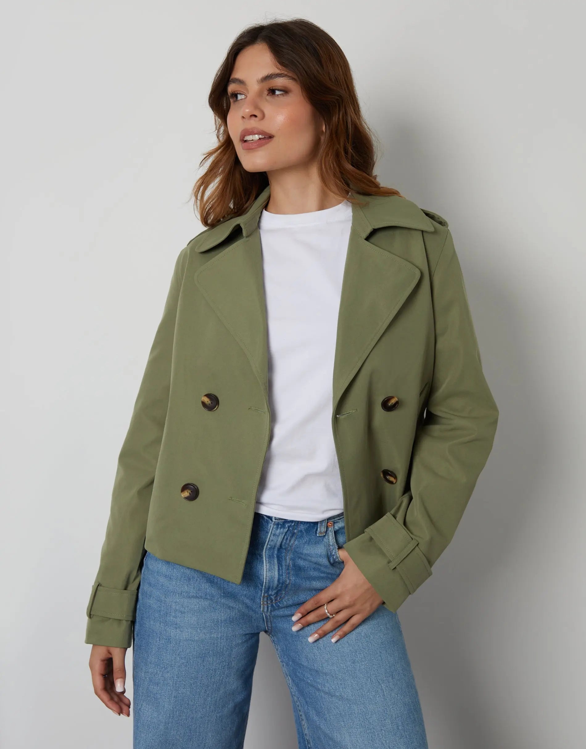 Women's Khaki Double Breasted Cropped Trench Coat Siouxe