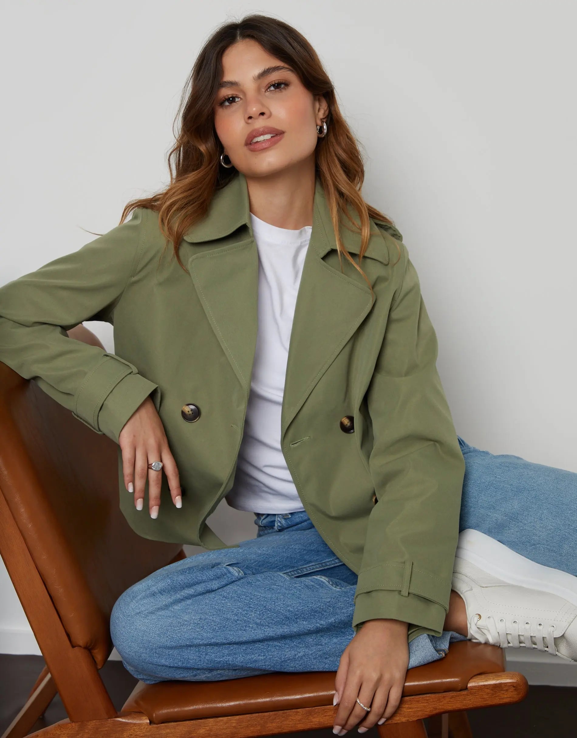 Women's Khaki Double Breasted Cropped Trench Coat Siouxe
