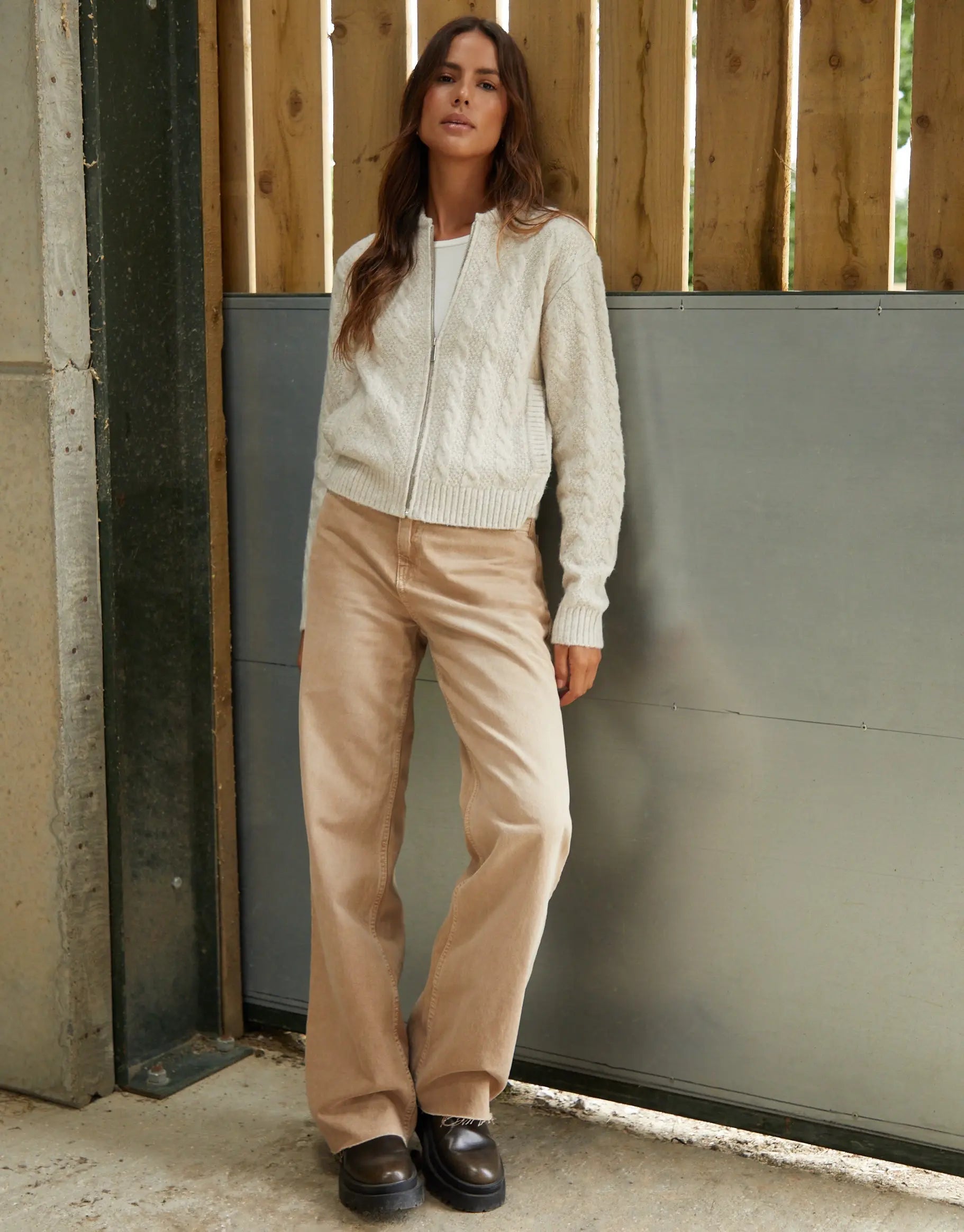 Women's Beige Cable Knit Zip-Up Bomber Jacket Siouxe