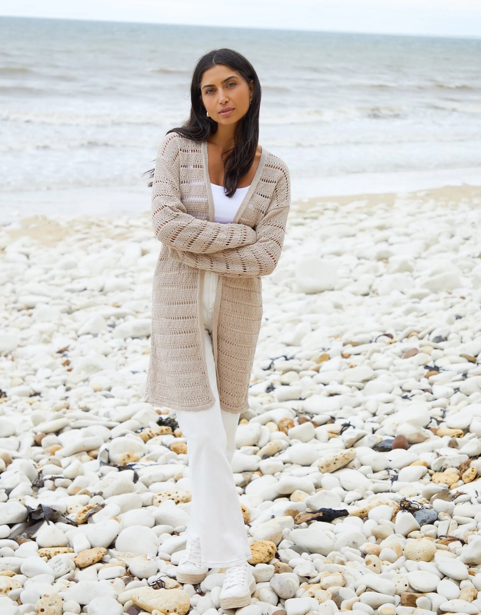 Women's Stone Longline Crochet Cardigan Siouxe