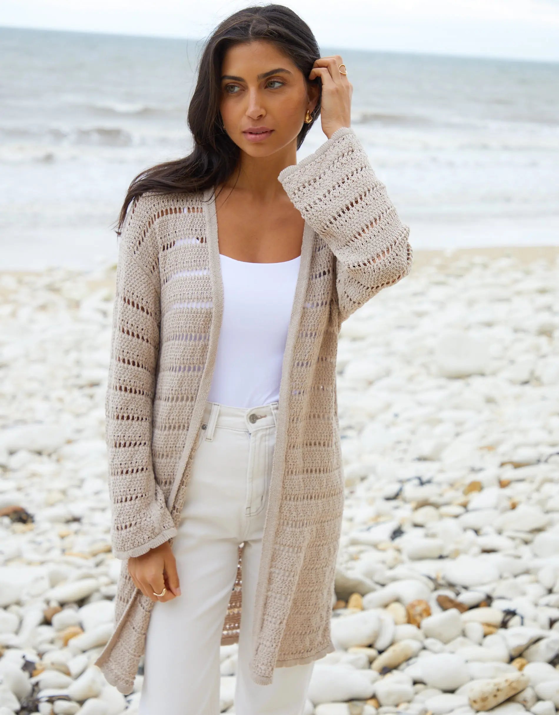 Women's Stone Longline Crochet Cardigan Siouxe