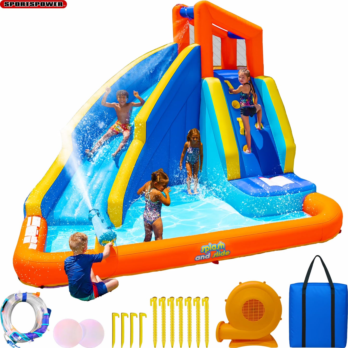 SportspowerBig Wave II Inflatable Water Slide with Climbing Wall & Splash Pool, Ages 3-8, Heavy Duty, ASTM Certified, Lifetime Warranty on Included Blower