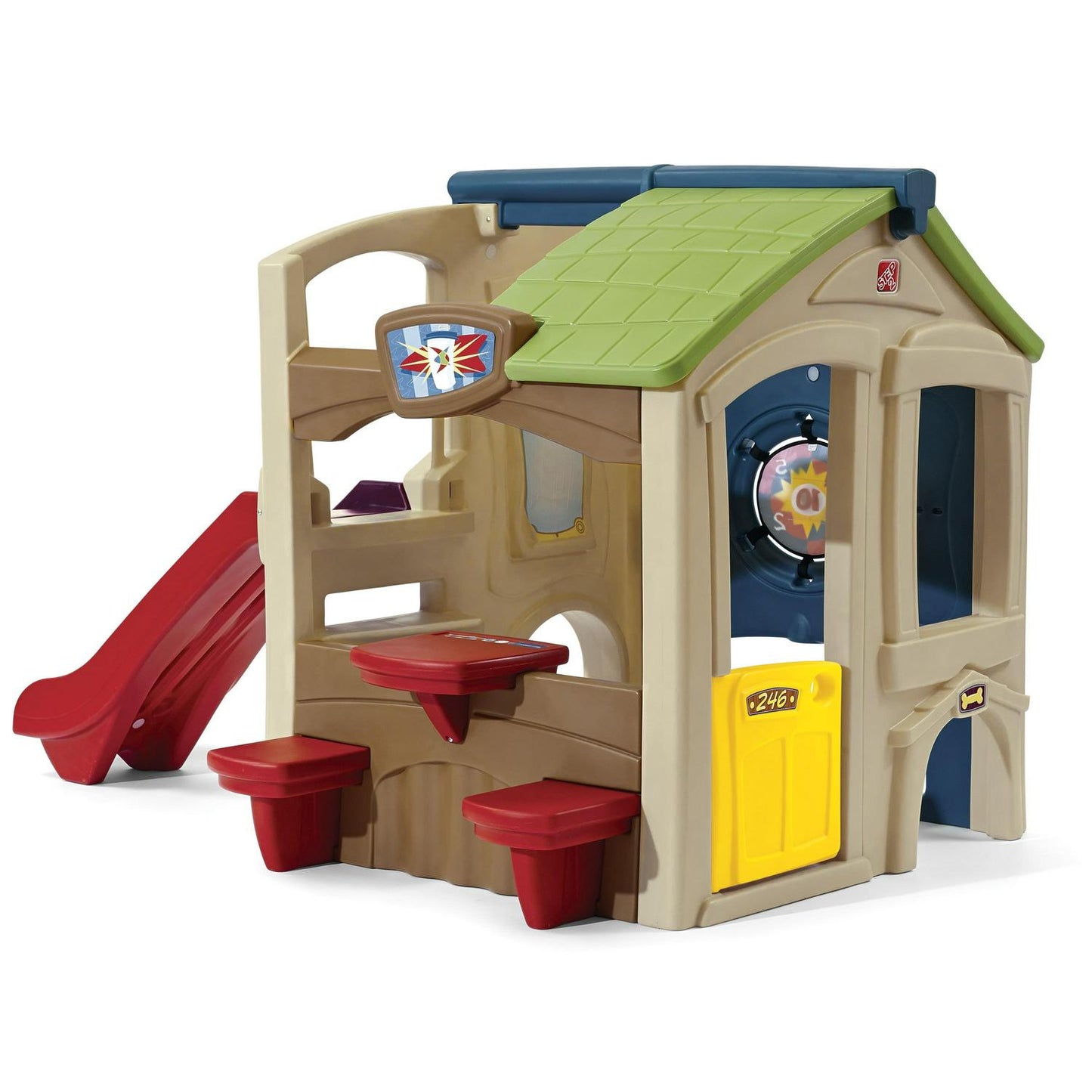 Neighborhood Fun Center Brown Playhouse with Slide Plastic Kids Outdoor Toys