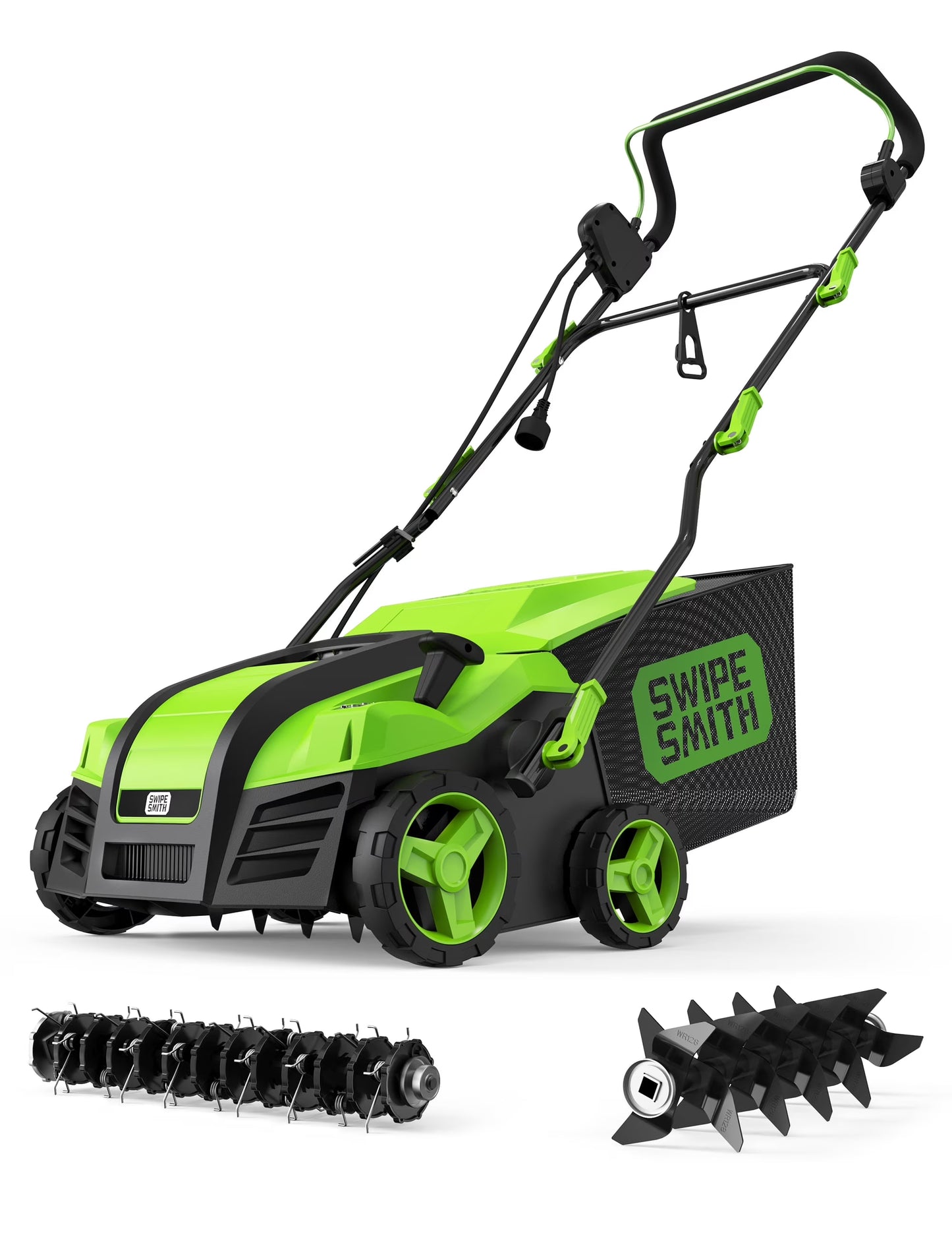 SWIPESMITH 16 15 Amp Electric Dethatcher Scarifier, Lawn with 5-Position Depth Adjustment, 14.5 Gal Removable Thatch Collection Bag, Quick-Fold, Keeps Health