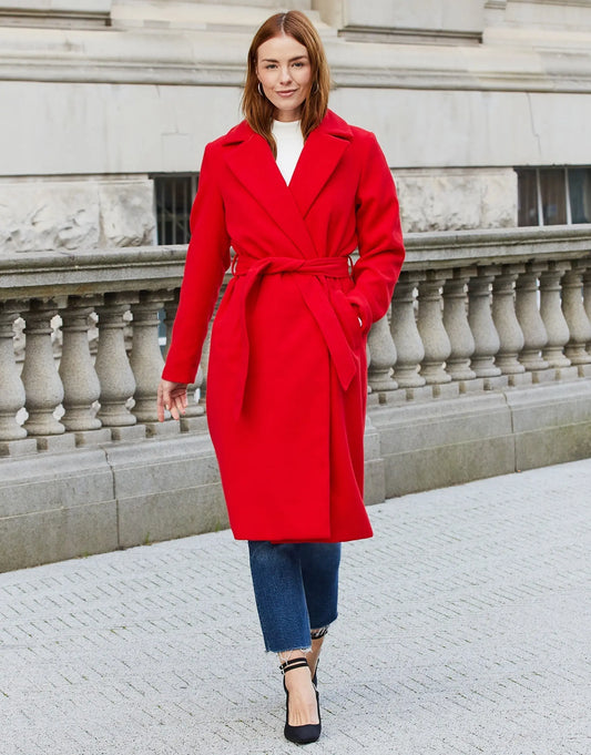 Women's Red Collared Belted Formal Coat Siouxe