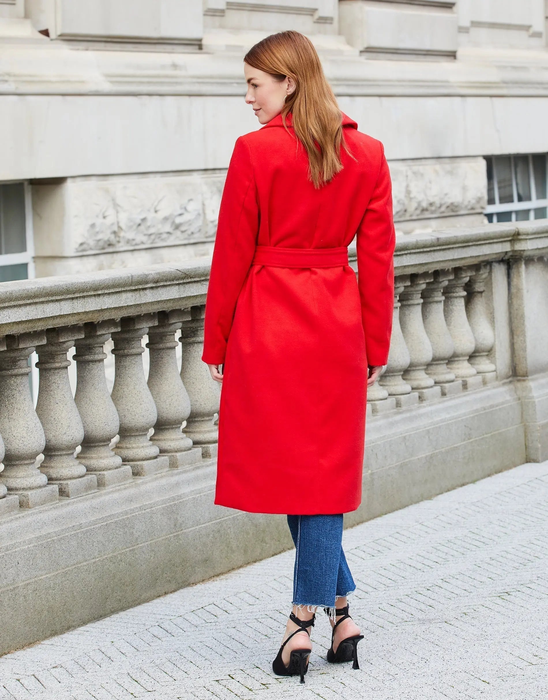 Women's Red Collared Belted Formal Coat Siouxe