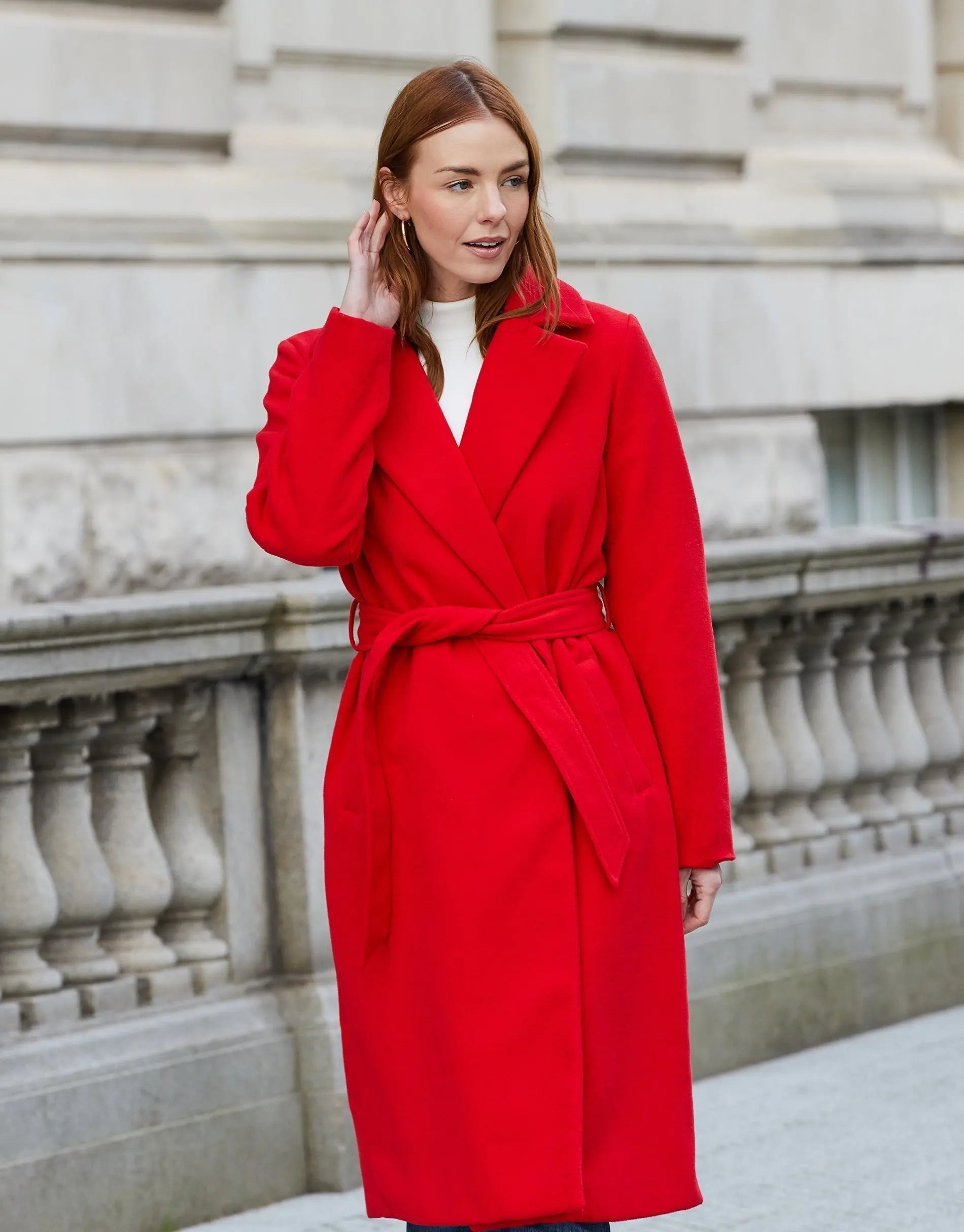 Women's Red Collared Belted Formal Coat Siouxe