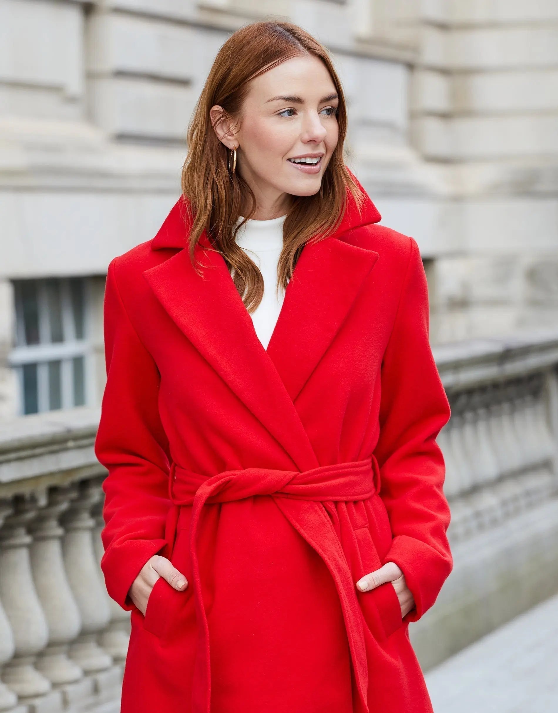 Women's Red Collared Belted Formal Coat Siouxe